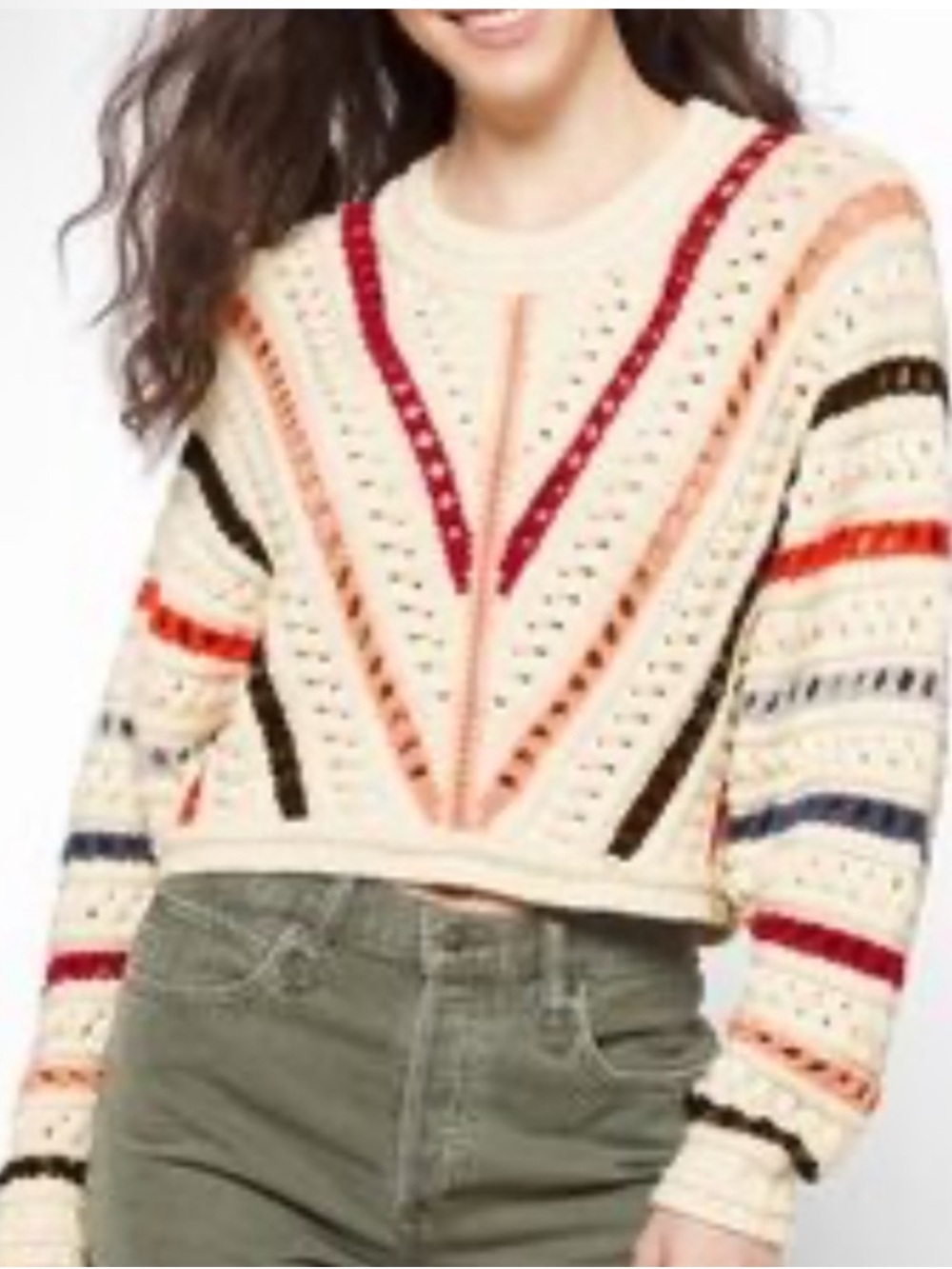 ba&sh Cream Open-Knit Sweater with Multicolor Stripes